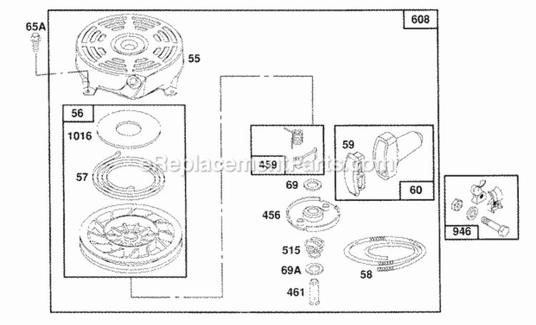 Rewind Assembly Diagram and Parts List for 126782-0148-01  Briggs and Stratton Engine
